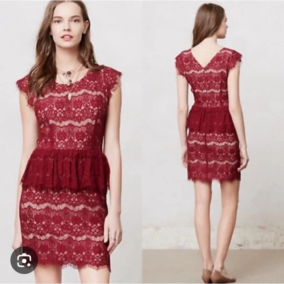Anthropologie Elsa Peplum Dress Burgundy Lace Size SMALL - Picture 2 of 12